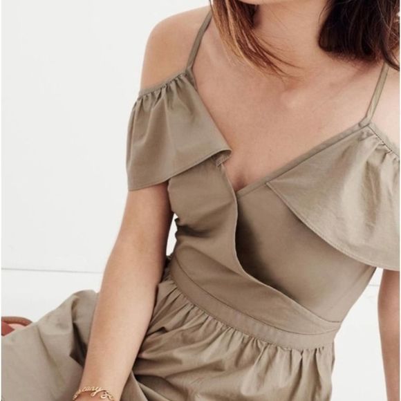 NEW Madewell Cold Shoulder Ruffle Khaki Dress - Size 2 - Picture 3 of 7